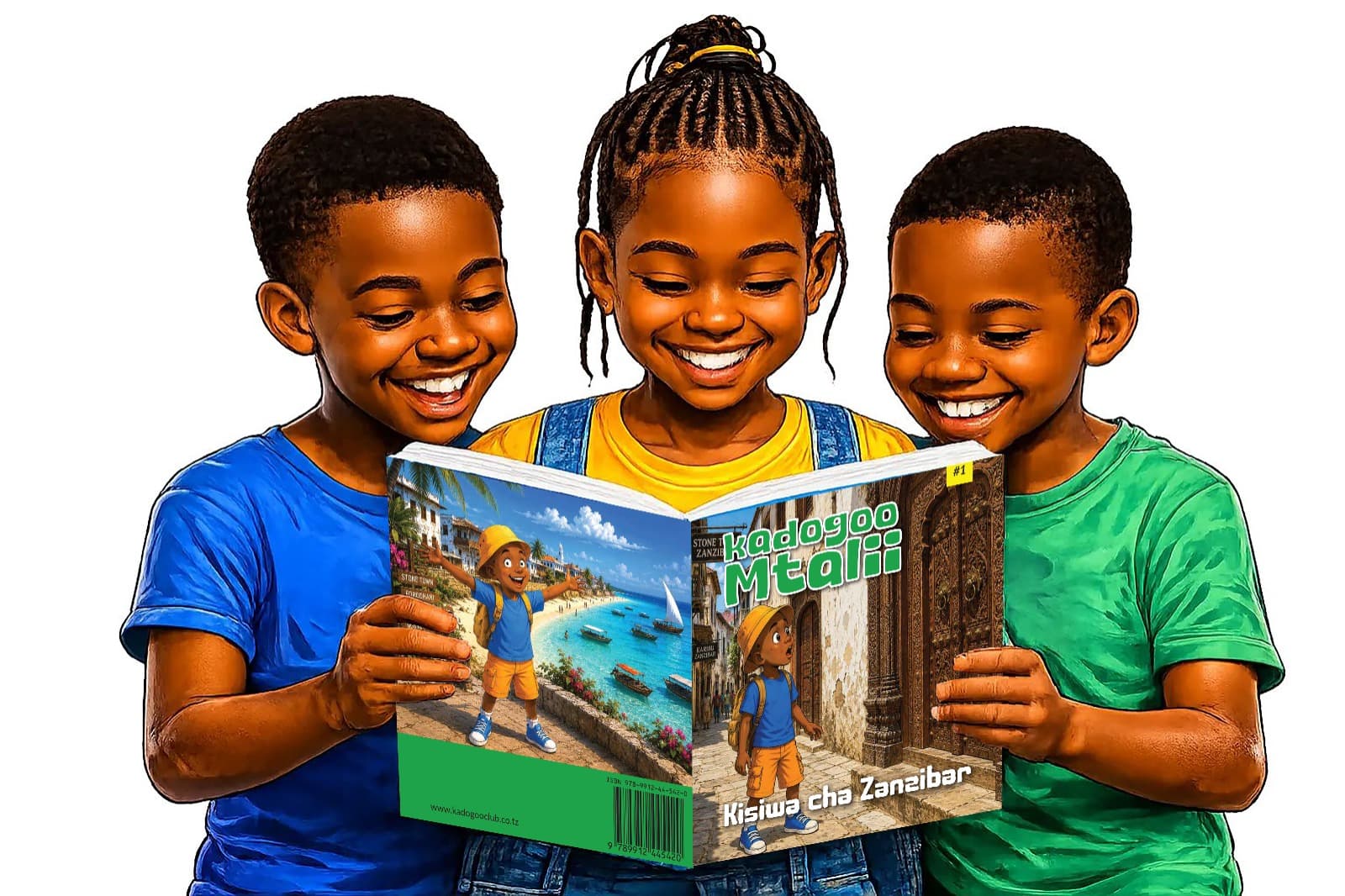 Watoto wakisoma kitabu cha Kadogoo Mtalii
